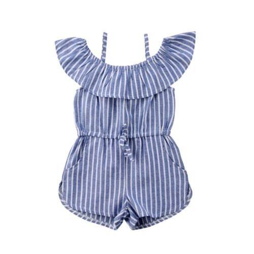Blue Stripes Kids Girl Romper Overalls Strap Ruffles off Shoulder One-Pieces Rompers Toddler Jumpsuit Playsuit Summer
