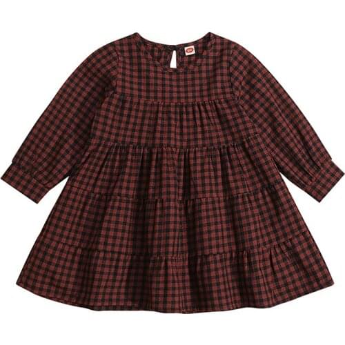 2-7 Years Kids Girls Plaid Print Dress Cute Long Sleeve Round Neck Loose Ruffle A-Line Dress Spring Autumn Children Toddler New
