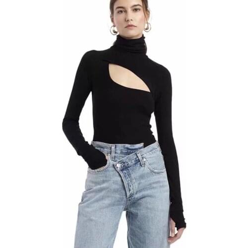 European Autumn New Sexy Hollow High Neck Slim Stretch Base Hollow Out Long Sleeve Bodysuit Hole Rompers YC8A