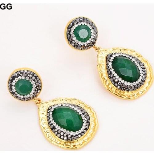 GuaiGuai Jewelry Teardrop Green Jade Crystal Pave CZ Golden Plated Stud Earrings