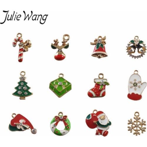 Julie Wang 12pcs Alloy Enamel Mixed Santa Claus Christmas Tree Shoe Deer Snowflake Charms Pendant Jewelry Making Decoration