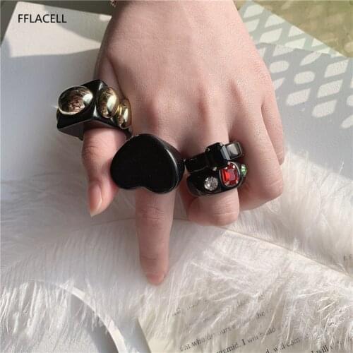 2021 New Ins Colorful Acrylic Zircon Black Resin Acetic Acid Ring For Women Girl Party Daily Jewelry
