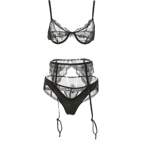 3 Pcs Women Sexy Lingerie Set, See-through Floral Lace Bra + Thong + Garter (Black)