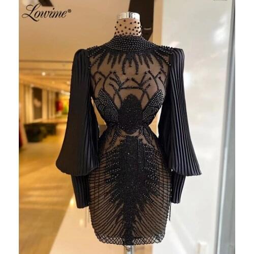 Lowime Handmade Beading Black Cocktail Party Dresses Long Sleeves Short Evening Dress 2021 Plus Size Customized Celebrity Dress
