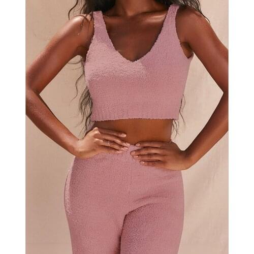 Fashion Ladies Plush Two Pieces Set Sexy Sleeveless V Neck Crop Tops Casual Solid Color Trousers Streetwear Women Clothing Suit