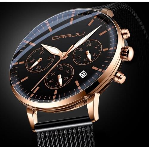 Mens Watch CRRJU Man Luxury Fashion WristWatch for Mens Stainless Steel Waterproof Dress Quartz Mesh Watches Relogio Masculino