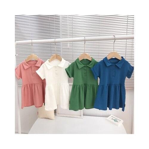 2-6 years girl baby summer dress new baby small lapel short sleeve pleated dress wild childrens solid color dress