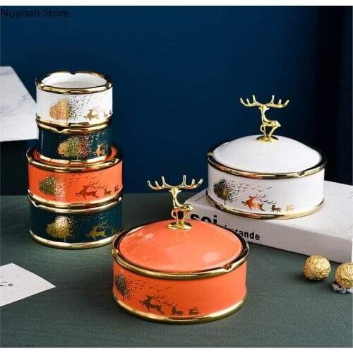 Ceramic Ashtray with Lid Desktop Decoration Living Room Anti Fly Ash Storage Box Office Home Decoration Accessories Ashtray