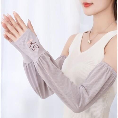 Women Ice Silk Arm Sleeves Summer Long Cycling Sunscreen Gloves Rabbit Embroidery Half Finger UV Touch Screen Driving Mittes M89