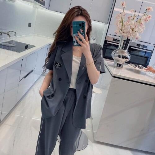 Casual Office Pant Suits Summer Woman 2 Pieces Set Female Outfits Loose Short Sleeve Blazer High Waist Wide Leg Pants