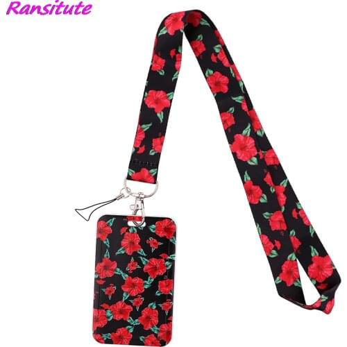 Ransitute R1837 Red Hibiscus Flower Lanyard Credit Card ID Holder Badge Student Women Travel Bank Bus Business Card Cover Badge