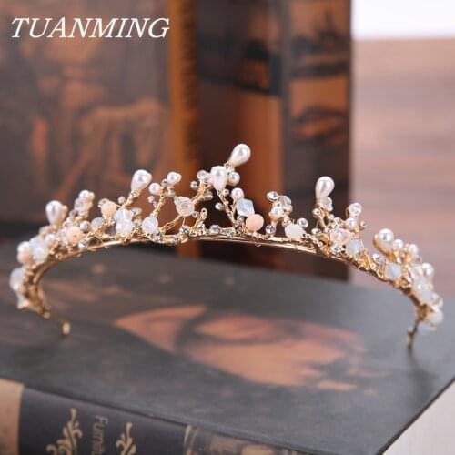 Pearl Rhinestone Elegant Bride Princess Crown Handmade Pageant Wedding Tiara Crown Golden Accessories For Women Hair