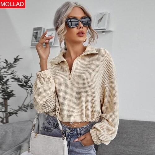 2021 Womens Autumn and Winter New Arrival Knitwear Zipper Drawstring Lapel Knitted Pullover Polo Shirt Top
