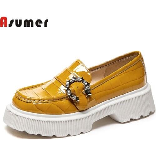 Asumer 2021 Top Quality Patent Leather Casual Shoes Women Pumps Buckle Crystal Slip On Fashion Square Heel Platform Shoes Woman