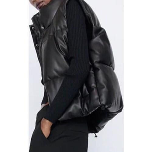 Vest Women Black Stand Collar Vests Women Fashion Zipper PU Leather Coats Women Elegant Autumn Winter Short Vests Female Ladies