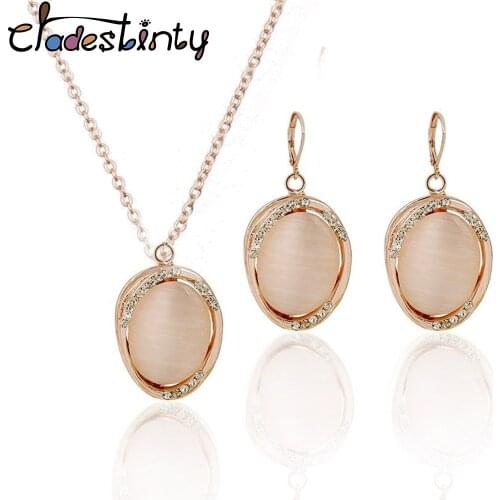 Chadestinty Gold Color Geometric Oval Shape Opal Necklace Earrings Set Women Crystal Jewelry Sets Anniversary Jewellery bijoux