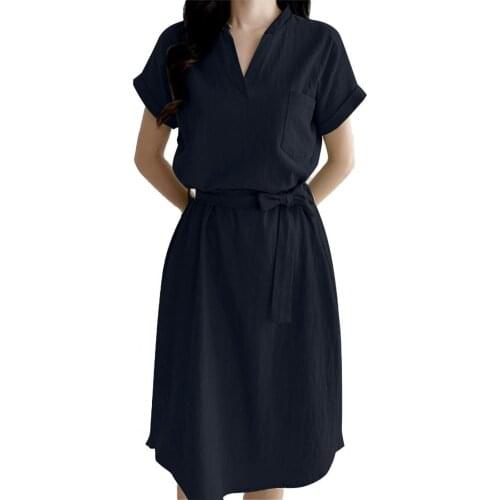 2021 Summer Casual Shirt Dress Solid Color Skin-friendly V Neck Knee Length Short Sleeve Belt Women Summer Sundress for Office