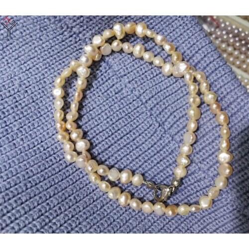 Women Jewelry 6x7mm Bright pink pearl necklace baroque flat pearl handmade real natural freshwater pearl gift