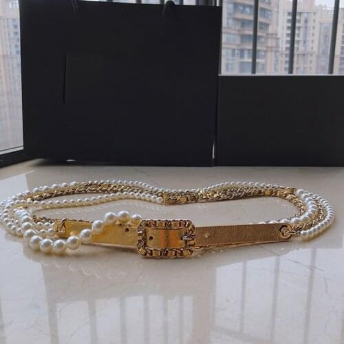 2021New fashion charei Metal chain waist chain for ladies versatile pearl decorative leather belt women with dress pants skirt