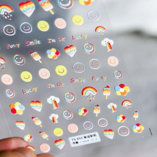 HD 3D Rilievo Rainbow Smiling Face Nail Art Sticker Cute Kawaii Heart Flwoer Decoration for Manicure Sliders Decal Press on Nail