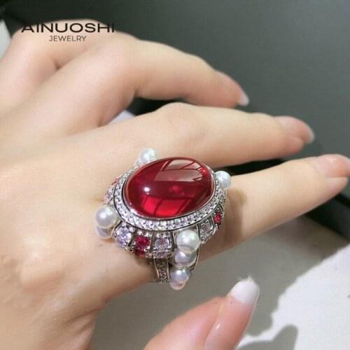 AINUOSHI Luxury Halo Elliptical Arc 13x18mm Lad Created Ruby Engagement Rings Gift For 925 Sterling Silver Unique Pearl Rings