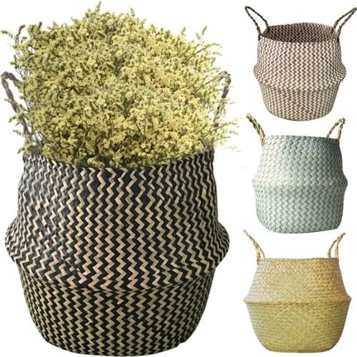 Bamboo Storage Baskets Foldable Laundry Straw Patchwork Wicker Rattan Seagrass Belly Garden Flower Pot Planter Baskets