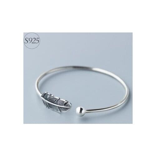 1pc Genuine 925 Sterling Silver Jewelry Lucky Bead & Feather Bird angel wing Cuff Bangle bracelet adjustable LS110