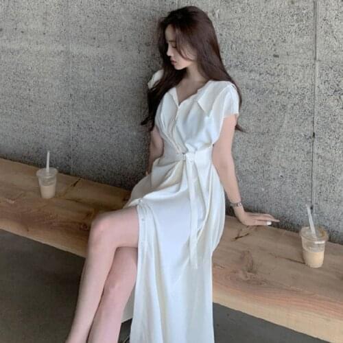One-Piece Korean Lapel Waist Tie Solid Long Shirt Dress Female 2021 Summer New Gentle Fashion Elegant Ladies Dress Casual Dress
