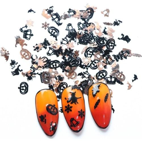Black Gold Halloween Xmas Element Pumpkin Face Witch Snowflake Thin Metallic Nail Art Sequins Decals Gem DIY