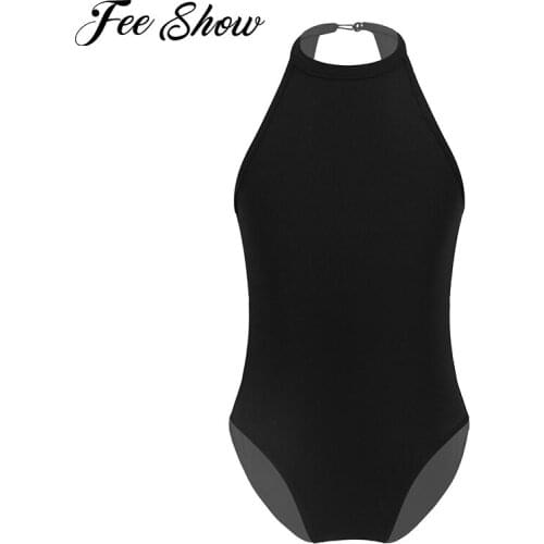 Black Kids Girls Gymnastics Ballet Leotards Halter Neck Sleeveless Keyhole Back Stretchy Ballet Dance Leotard Jumpsuits Bodysuit
