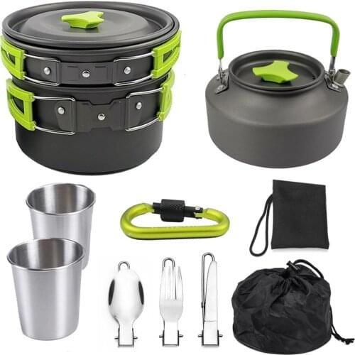 1 Set Outdoor Pots Pans Camping Cookware Picnic Cooking Set Non-stick Tableware With Foldable Spoon Fork Knife Kettle Cup X427D