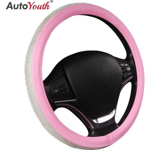 Diamond Leather Steering Wheel Cover with Bling Bling Crystal Rhinestones Fit 15 Inch Protector Car Wheel for Women Girls