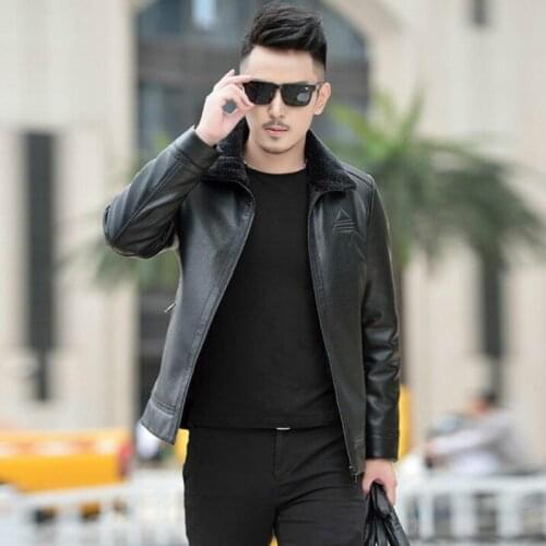 Hot Winter new leather clothes Men silk cotton clothing leather jacket Mens slim Fashion Korean Lapel Lamb fur collar OUTERWEAS