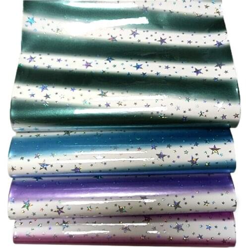 Multicolored Star Printed with Laser Mirror Holographic Effect PU Faux Leather Fabric Sheet for Shoe/Bag/DIY Accessories/Cover