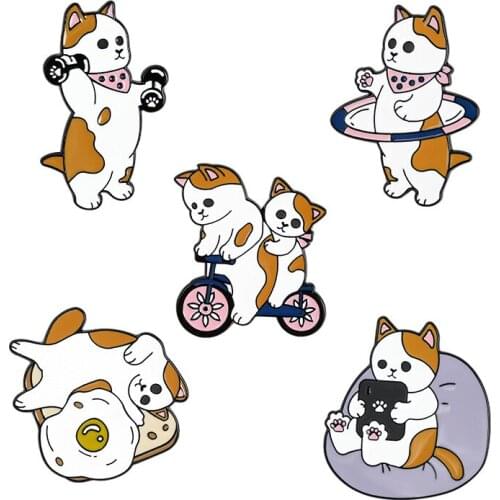 Cute Animal Fitness Sports Puppy Brooch Dog Hula Hoop Dumbbells Bicycle Riding and Watching Drama Pins To Prevent Light Buckle