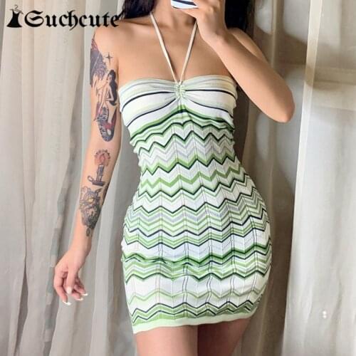 SUCHCUTE Wave Striped Y2K Halter Dress Streetwear Sexy Sleeveless Bodycon Dress Summer Korean Aesthetic Vintage Knit Mini Dress