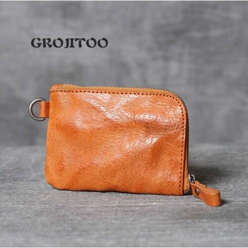 GROJITOO Genuine Leather Mini drivers license bag mens and womens vegetable tanning cion bag wallet for men and women