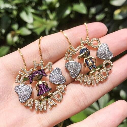 EYIKA Trendy Cartoon Boy And Girl Pendant Necklace Pave Mix Color Cubic Zirconia Heart Letter Gold Choker Charm Children Jewelry
