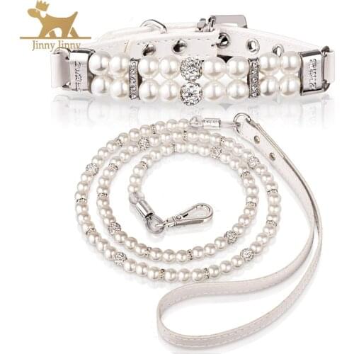 Weewooday 2 Pieces Dog Cat Imitated Pearl Collars Leash Set, Pearl Rhinestone Collar and 4 ft Stainless Steel Wire