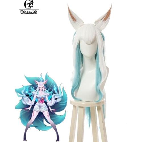 ROLECOS Ahri Cosplay Wig Game LOL Spirit Blossom Ahri Cosplay Wig 80cm White Mixed Blue Headwear Women Wig Synthetic Long Hair