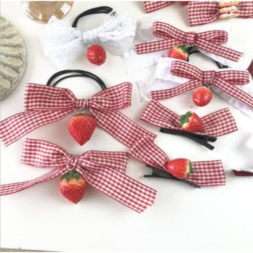 Sweet Strawberry Hairpin Lolita Plaid Lace Bowknot Hair Clip Girl Women Hair Accessories B1869