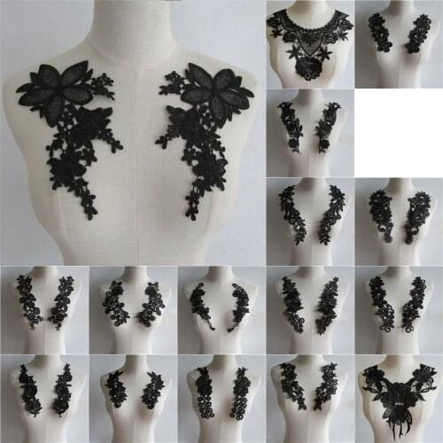 Fashion Embroidered Lace Collar DIY Sewing Lace Neckline Fabric Decoration Ladies Clothes Applique Black 1 Pair For Sale