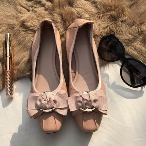 High quality Genuine leather womens shoes bowknot Super soft Comfortable working pregnant women shoes Square head ballet flats