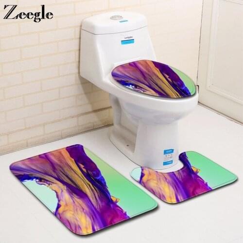 Zeegle 3pcs Toilet Set Absorbent Toilet Pedestal Rug Foot Mat Non-slip Bathroom Doormat 3D Scenery Printed Washable Bath Mat Set