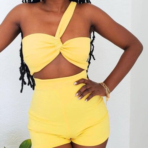 Ladies Summer Sexy Club Streetwear 2 Pieces Solid One Shoulder Knotted Crop Tops+High Waist Shorts Women Fitness Clothes Set