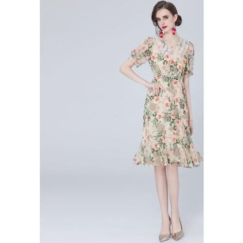 Celebrity Runway Flower Embroidery Lace Dress Summer Women Bubble Sleeve Fishtail Mermaid Dress Party Korean Ladies