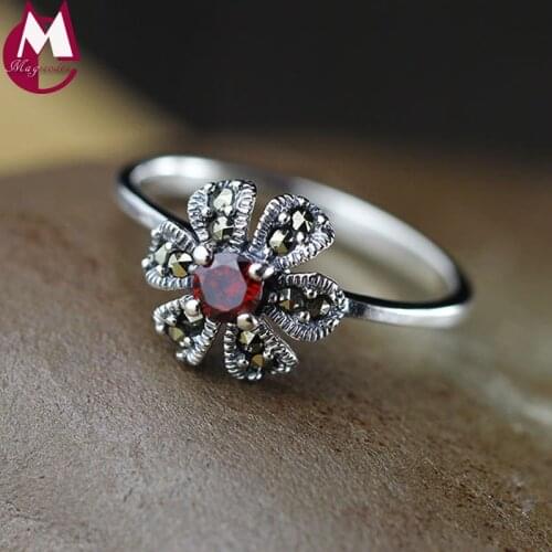 Vintage Flower Design Red Stone Garnet Real Sterling Thai Silver 925 Jewelry Female Valentine Day Gift Ring Women SR678