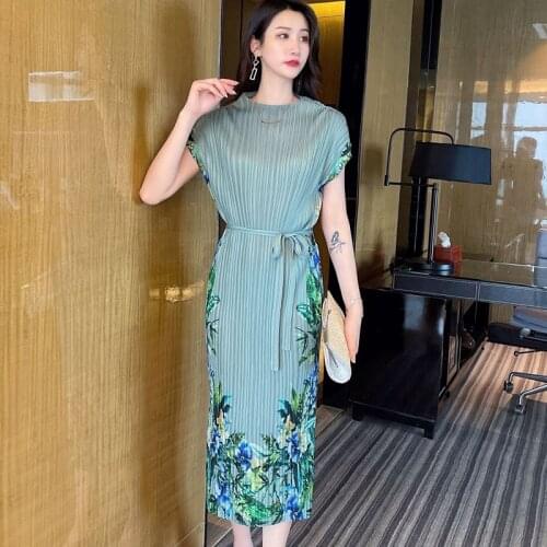 Floral Print Elegant Slim Fress Women Summer Lace-up Half High Collar Vintage Party Miyake Pleated Midi Dresses Female Clothes