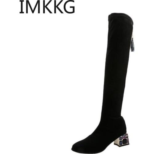 2020 Winter High Heels Women Black Boots Woman Knee High Long Boots Colorful Rhinestone Thigh Boots With Zipper Fringe Booties