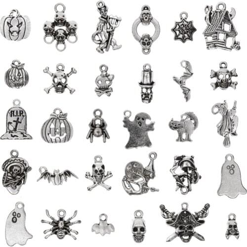 30Pcs/Set Halloween Charms-Bat, Pumpkin lantern,Spider,Witch,Skull,Cat Charms pendant Craft Supplies Pendants for DIY #281884